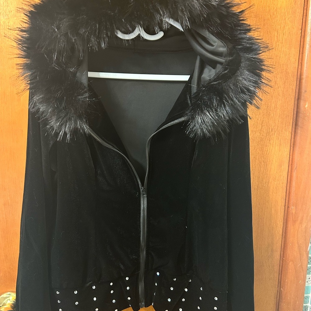 New Trendy Alternative Gothic Black Faux Fur Hood Womens Jacket With Gem Details - Picture 2 of 6